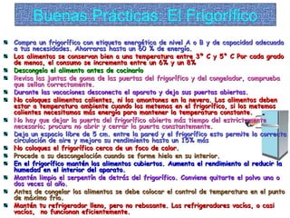 Buenas Prácticas: El FrigoríficoBuenas Prácticas: El Frigorífico
Compra un frigorífico con etiqueta energética de nivel A o B y de capacidad adecuadaCompra un frigorífico con etiqueta energética de nivel A o B y de capacidad adecuada
a tus necesidades. Ahorraras hasta un 60 % de energía.a tus necesidades. Ahorraras hasta un 60 % de energía.
Los alimentos se conservan bien a una temperatura entre 3º C y 5° C Por cada gradoLos alimentos se conservan bien a una temperatura entre 3º C y 5° C Por cada grado
de menos, el consumo se incrementa entre un 6% y un 8%de menos, el consumo se incrementa entre un 6% y un 8%
Descongela el alimento antes de cocinarloDescongela el alimento antes de cocinarlo
Revisa las juntas de goma de las puertas del frigorífico y del congelador, compruebaRevisa las juntas de goma de las puertas del frigorífico y del congelador, comprueba
que sellan correctamente.que sellan correctamente.
Durante las vacaciones desconecta el aparato y deja sus puertas abiertas.Durante las vacaciones desconecta el aparato y deja sus puertas abiertas.
No coloques alimentos calientes, ni los amontones en la nevera. Los alimentos debenNo coloques alimentos calientes, ni los amontones en la nevera. Los alimentos deben
estar a temperatura ambiente cuando los metemos en el frigorífico, si los metemosestar a temperatura ambiente cuando los metemos en el frigorífico, si los metemos
calientes necesitamos más energía para mantener la temperatura constante.calientes necesitamos más energía para mantener la temperatura constante.
No hay que dejar la puerta del frigorífico abierta más tiempo del estrictamenteNo hay que dejar la puerta del frigorífico abierta más tiempo del estrictamente
necesario; procura no abrir y cerrar la puerta constantemente.necesario; procura no abrir y cerrar la puerta constantemente.
Deja un espacio libre de 5 cm. entre la pared y el frigorífico esto permite la correctaDeja un espacio libre de 5 cm. entre la pared y el frigorífico esto permite la correcta
circulación de aire y mejora su rendimiento hasta un 15% máscirculación de aire y mejora su rendimiento hasta un 15% más
No coloques el frigorífico cerca de un foco de calor.No coloques el frigorífico cerca de un foco de calor.
Procede a su descongelación cuando se forme hielo en su interior.Procede a su descongelación cuando se forme hielo en su interior.
En el frigorífico mantén los alimentos cubiertos. Aumenta el rendimiento al reducir laEn el frigorífico mantén los alimentos cubiertos. Aumenta el rendimiento al reducir la
humedad en el interior del aparato.humedad en el interior del aparato.
Mantén limpio el serpentín de detrás del frigorífico. Conviene quitarte el polvo una oMantén limpio el serpentín de detrás del frigorífico. Conviene quitarte el polvo una o
dos veces al año.dos veces al año.
Antes de congelar los alimentos se debe colocar el control de temperatura en el puntoAntes de congelar los alimentos se debe colocar el control de temperatura en el punto
de máximo frío.de máximo frío.
Mantén tu refrigerador lleno, pero no rebosante. Los refrigeradores vacíos, o casiMantén tu refrigerador lleno, pero no rebosante. Los refrigeradores vacíos, o casi
vacíos, no funcionan eficientemente.vacíos, no funcionan eficientemente.
 