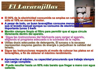 El 90% de la electricidad consumida se emplea en calentar el agua, yEl 90% de la electricidad consumida se emplea en calentar el agua, y
sólo el 10% en mover el motor.sólo el 10% en mover el motor.
A pesar de todo, un buen lavavajillas consume menos agua calienteA pesar de todo, un buen lavavajillas consume menos agua caliente
que el lavado manual aunque su consumo de electricidad esque el lavado manual aunque su consumo de electricidad es
importante (unos 3 kw/himportante (unos 3 kw/h
Mantén siempre limpio el filtro para permitir que el agua circuleMantén siempre limpio el filtro para permitir que el agua circule
libremente dentro del aparato.libremente dentro del aparato.
Sigue las instrucciones del fabricante para cargar el aparato,Sigue las instrucciones del fabricante para cargar el aparato,
eligiendo el programa adecuado a la suciedad de la vajilla.eligiendo el programa adecuado a la suciedad de la vajilla.
Utiliza dosis adecuadas de detergente. El exceso o la escasezUtiliza dosis adecuadas de detergente. El exceso o la escasez
representan mayores gastos de energía o perjudican la calidad delrepresentan mayores gastos de energía o perjudican la calidad del
lavado.lavado.
Sigue las instrucciones respecto al modo de colocar los platos en elSigue las instrucciones respecto al modo de colocar los platos en el
lavavajillas, a fin de obtener el máximo rendimiento.lavavajillas, a fin de obtener el máximo rendimiento.
Aprovecha al máximo, su capacidad procurando que trabaje siempreAprovecha al máximo, su capacidad procurando que trabaje siempre
con carga completa:con carga completa:
Puede resultar hasta un 60% más barato que fregar a mano con aguaPuede resultar hasta un 60% más barato que fregar a mano con agua
caliente.caliente.
El LavavajillasEl LavavajillasEl LavavajillasEl Lavavajillas
 