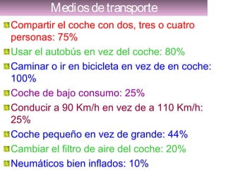 MediosdetransporteMediosdetransporte
Compartir el coche con dos, tres o cuatro
personas: 75%
Usar el autobús en vez del coche: 80%
Caminar o ir en bicicleta en vez de en coche:
100%
Coche de bajo consumo: 25%
Conducir a 90 Km/h en vez de a 110 Km/h:
25%
Coche pequeño en vez de grande: 44%
Cambiar el filtro de aire del coche: 20%
Neumáticos bien inflados: 10%
 