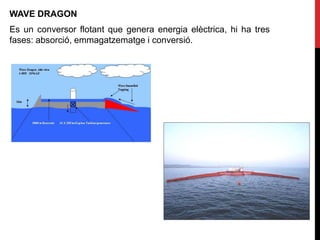 WAVE DRAGON
Es un conversor flotant que genera energia elèctrica, hi ha tres
fases: absorció, emmagatzematge i conversió.
 