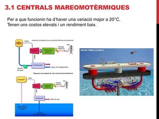 3.1 CENTRALS MAREOMOTÈRMIQUES
Per a que funcionin ha d’haver una variació major a 20°C.
Tenen uns costos elevats i un rendiment baix.
 