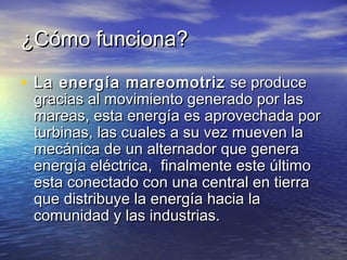 ¿Cómo funciona?

• La energía mareomotriz  se produce
 gracias al movimiento generado por las
 mareas, esta energía es aprovechada por
 turbinas, las cuales a su vez mueven la
 mecánica de un alternador que genera
 energía eléctrica,  finalmente este último
 esta conectado con una central en tierra
 que distribuye la energía hacia la
 comunidad y las industrias.
 