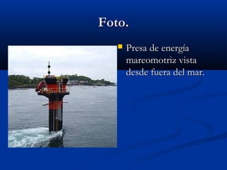 Foto.
      Presa de energía
       mareomotriz vista
       desde fuera del mar.
 