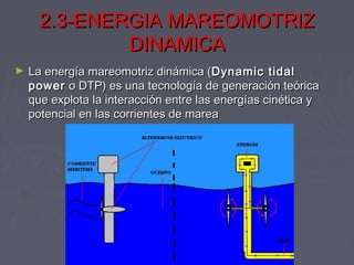 2.3-ENERGIA MAREOMOTRIZ2.3-ENERGIA MAREOMOTRIZ
DINAMICADINAMICA
► La energía mareomotriz dinámica (La energía mareomotriz dinámica (Dynamic tidalDynamic tidal
powerpower o DTP) es una tecnología de generación teórica o DTP) es una tecnología de generación teórica
que explota la interacción entre las energías cinética yque explota la interacción entre las energías cinética y
potencial en las corrientes de mareapotencial en las corrientes de marea
 