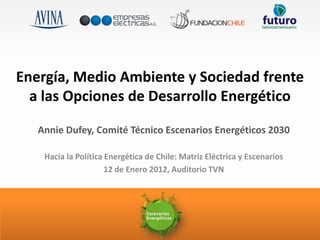 Energía, Medio Ambiente y Sociedad frente
  a las Opciones de Desarrollo Energético

   Annie Dufey, Comité Técnico Escenarios Energéticos 2030

    Hacia la Política Energética de Chile: Matriz Eléctrica y Escenarios
                      12 de Enero 2012, Auditorio TVN
 