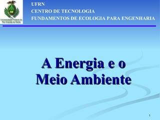 A Energia e o Meio Ambiente UFRN CENTRO DE TECNOLOGIA FUNDAMENTOS DE ECOLOGIA PARA ENGENHARIA 