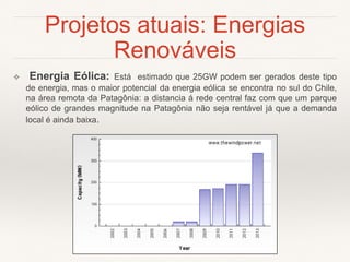 Projetos atuais: Energias
Renováveis
❖ Energia Eólica: Está estimado que 25GW podem ser gerados deste tipo
de energia, mas o maior potencial da energia eólica se encontra no sul do Chile,
na área remota da Patagônia: a distancia á rede central faz com que um parque
eólico de grandes magnitude na Patagônia não seja rentável já que a demanda
local é ainda baixa.
 