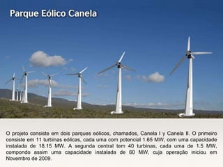 O projeto consiste em dois parques eólicos, chamados, Canela I y Canela II. O primeiro
consiste em 11 turbinas eólicas, cada uma com potencial 1.65 MW, com uma capacidade
instalada de 18.15 MW. A segunda central tem 40 turbinas, cada uma de 1.5 MW,
compondo assim uma capacidade instalada de 60 MW, cuja operação iniciou em
Novembro de 2009.
 