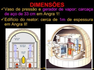 DIMENSÕES Vaso de pressão e  gerador de vapor :  carcaça de aço de 33 cm  em Angra 1! Edifício do reator: cerca de  1m  de espessura em Angra II! Professor  Rodrigo Penna 