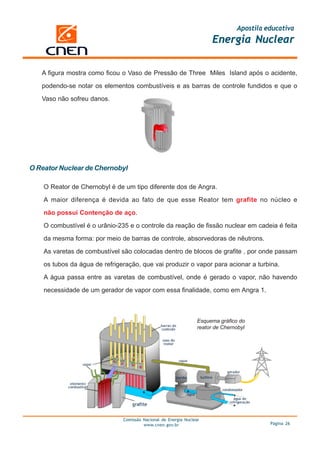 Apostila educativa
                                                                       Energia Nuclear

   A figura mostra como ficou o Vaso de Pressão de Three Miles Island após o acidente,

   podendo-se notar os elementos combustíveis e as barras de controle fundidos e que o

   Vaso não sofreu danos.




O Reator Nuclear de Chernobyl

    O Reator de Chernobyl é de um tipo diferente dos de Angra.

    A maior diferença é devida ao fato de que esse Reator tem grafite no núcleo e

    não possui Contenção de aço.

    O combustível é o urânio-235 e o controle da reação de fissão nuclear em cadeia é feita

    da mesma forma: por meio de barras de controle, absorvedoras de nêutrons.

    As varetas de combustível são colocadas dentro de blocos de grafite , por onde passam

    os tubos da água de refrigeração, que vai produzir o vapor para acionar a turbina.

    A água passa entre as varetas de combustível, onde é gerado o vapor, não havendo

    necessidade de um gerador de vapor com essa finalidade, como em Angra 1.



                                                                 Esquema gráfico do
                                                                 reator de Chernobyl




                               Comissão Nacional de Energia Nuclear
                                        www.cnen.gov.br                                   Página 26
 