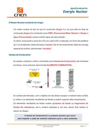 Apostila educativa
                                                                      Energia Nuclear


O Reator Nuclear existente em Angra


    Um reator nuclear do tipo do que foi construído (Angra 1) e do que está em fase de

    construção (Angra 2) é conhecido como PWR (Pressurized Water Reactor = Reator a

    Água Pressurizada), porque contém água sob alta pressão.

    O urânio, enriquecido a cerca de 3,2% em urânio-235, é colocado, em forma de pastilhas

    de 1 cm de diâmetro, dentro de tubos (“varetas”) de 4m de comprimento, feitos de uma liga

    especial de zircônio, denominada “zircalloy”.


Varetas de Combustível


    As varetas, contendo o urânio, conhecidas como Varetas de Combustível, são montadas

    em feixes, numa estrutura denominada ELEMENTO COMBUSTÍVEL.




    As varetas são fechadas, com o objetivo de não deixar escapar o material nelas contido

    (o urânio e os elementos resultantes da fissão) e podem suportar altas temperaturas.

    Os elementos resultantes da fissão nuclear (produtos de fissão ou fragmentos da

    fissão) são radioativos, isto é, emitem radiações e, por isso, devem ficar retidos no

    interior do Reator.

                A Vareta de Combustível é a primeira barreira que serve
         para impedir a saída de material radioativo para o meio ambiente.


                               Comissão Nacional de Energia Nuclear
                                        www.cnen.gov.br                             Página 17
 