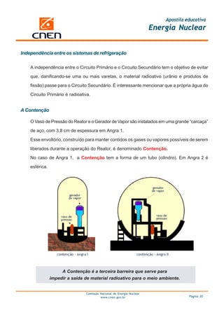 Apostila educativa
                                                                       Energia Nuclear


Independência entre os sistemas de refrigeração

    A independência entre o Circuito Primário e o Circuito Secundário tem o objetivo de evitar

    que, danificando-se uma ou mais varetas, o material radioativo (urânio e produtos de

    fissão) passe para o Circuito Secundário. É interessante mencionar que a própria água do

    Circuito Primário é radioativa.


A Contenção

    O Vaso de Pressão do Reator e o Gerador de Vapor são instalados em uma grande “carcaça”

    de aço, com 3,8 cm de espessura em Angra 1.

    Esse envoltório, construído para manter contidos os gases ou vapores possíveis de serem

    liberados durante a operação do Reator, é denominado Contenção.

    No caso de Angra 1, a Contenção tem a forma de um tubo (cilindro). Em Angra 2 é

    esférica.




                     A Contenção é a terceira barreira que serve para
                impedir a saída de material radioativo para o meio ambiente.


                                Comissão Nacional de Energia Nuclear
                                         www.cnen.gov.br                             Página 20
 