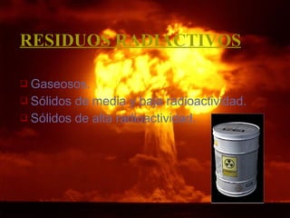 RESIDUOS RADIACTIVOS Gaseosos. Sólidos de media y baja radioactividad. Sólidos de alta radioactividad.  