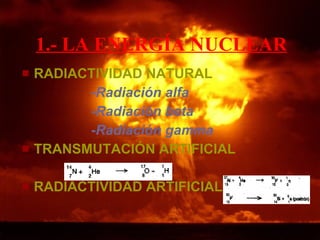 1.- LA ENERGÍA NUCLEAR RADIACTIVIDAD NATURAL - Radiación alfa   - Radiación beta   - Radiación gamma TRANSMUTACIÓN ARTIFICIAL RADIACTIVIDAD ARTIFICIAL 