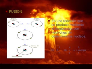 FUSION Es una reacción que se produce mediante el bombardeo con neutrones de determinados núcleos. 1  4  0 4 H     He  +  e  + energía 1  2  1  