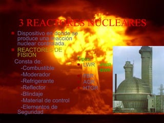 3 REACTORES NUCLEARES Dispositivo en donde se produce una reacción nuclear controlada. REACTORES DE FISION   Consta de: -Combustible  -Moderador  -Refrigerante  -Reflector  -Blindaje -Material de control  -Elementos de Seguridad  Tipos: LWR  -PWR -BWR FBR  AGR HTGR 