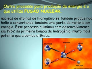 Outro processo para produção de energia é o
 que utiliza FUSÃO NUCLEAR.
núcleos de átomos de hidrogênio se fundem produzindo
helio e convertendo também uma parte da matéria em
energia. Esse processo culminou com desenvolvimento
em 1952 da primeira bomba de hidrogênio, muito mais
potente que a bomba atômica.
 