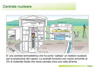 E’ una centrale termoelettrica che ha come “caldaia” un reattore nucleare
per la produzione del vapore. La centrale funziona con uranio arricchito al
3% di materiale fissile che viene caricato circa una volta all’anno.
home
Centrale nucleare
 