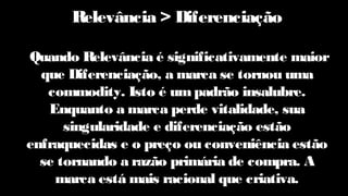 Relevância > Diferenciação
Quando Relevância é significativamente maior
que Diferenciação, a marca se tornou uma
commodity. Isto é umpadrão insalubre.
Enquanto a marca perde vitalidade, sua
singularidade e diferenciação estão
enfraquecidas e o preço ou conveniência estão
se tornando a razão primária de compra. A
marca está mais racional que criativa.
 