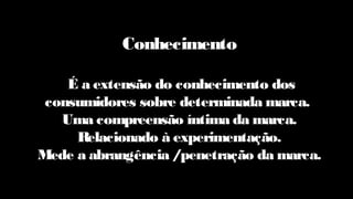 Conhecimento
É a extensão do conhecimento dos
consumidores sobre determinada marca.
Uma compreensão íntima da marca.
Relacionado à experimentação.
Mede a abrangência /penetração da marca.
 