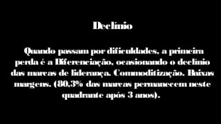 Declínio
Quando passampordificuldades, a primeira
perda é a Diferenciação, ocasionando o declínio
das marcas de liderança. Commoditização. Baixas
margens. (80,3% das marcas permanecemneste
quadrante após 3 anos).
 