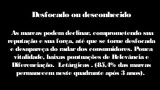 Desfocado ou desconhecido
As marcas podemdeclinar, comprometendo sua
reputação e sua força, até que se torne desfocada
e desapareça do radardos consumidores. Pouca
vitalidade, baixas pontuações de Relevância e
Diferenciação. Letárgicas . (85,4% das marcas
permanecemneste quadrante após 3 anos).
 