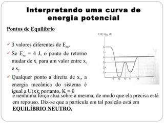Interpretando uma curva de
energia potencial
Pontos de Equilíbrio
 3 valores diferentes de Emec.
 Se Emec = 4 J, o ponto de retorno

mudar de x1 para um valor entre x1
e x2 .
 Qualquer ponto a direita de x5, a

energia mecânica do sistema é
igual a U(x); portanto, K = 0
e nenhuma força atua sobre a mesma, de modo que ela precisa está
em repouso. Diz-se que a partícula em tal posição está em
EQUILÍBRIO NEUTRO.

 