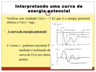 Interpretando uma curva de
energia potencial
 Verificar este resultado U(x) = ½ kx2
que é a energia potencial
elástica e U(x) = mgx.
 A curva de energia potencial
- U versus x : podemos encontrar F
medindo a inclinação da
curva de U(x) em vários
pontos.
 