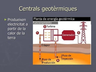 Centrals geotèrmiques Produeixen electricitat a partir de la calor de la terra 