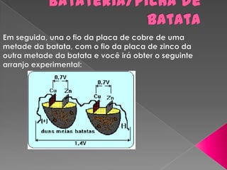 Batateria/pilha de batataEm seguida, una o fio da placa de cobre de uma metade da batata, com o fio da placa de zinco da outra metade da batata e você irá obter o seguinte arranjo experimental: 
