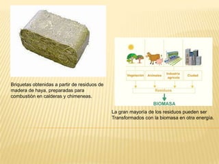 Briquetas obtenidas a partir de residuos de
madera de haya, preparadas para
combustión en calderas y chimeneas.


                                              La gran mayoría de los residuos pueden ser
                                              Transformados con la biomasa en otra energía.
 