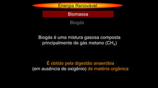 Energia Renovável
Biogás
Biomassa
Biogás é uma mistura gasosa composta
principalmente de gás metano (CH4)
É obtido pela digestão anaeróbia
(em ausência de oxigênio) de matéria orgânica
 
