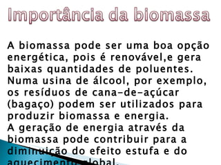 A biomassa pode ser uma boa opção energética, pois é renovável,e gera baixas quantidades de poluentes. Numa usina de álcool, por exemplo, os resíduos de cana-de-açúcar (bagaço) podem ser utilizados para produzir biomassa e energia.   A geração de energia através da biomassa pode contribuir para a diminuição do efeito estufa e do aquecimento global.  