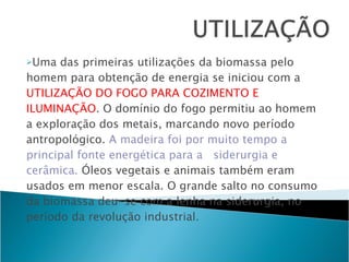 Uma das primeiras utilizações da biomassa pelo homem para obtenção de energia se iniciou com a  UTILIZAÇÃO DO FOGO PARA COZIMENTO E ILUMINAÇÃO . O domínio do fogo permitiu ao homem a exploração dos metais, marcando novo período antropológico.  A madeira foi por muito tempo a principal fonte energética para a  siderurgia e cerâmica.  Óleos vegetais e animais também eram usados em menor escala. O grande salto no consumo da biomassa deu-se com a lenha na siderurgia, no período da revolução industrial. 