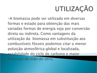 A biomassa pode ser utilizada em diversas formas e estado para obtenção das mais variadas formas de energia seja por conversão direta ou indireta. Como vantagens da utilização da  biomassa em substituição aos combustíveis fósseis podemos citar a menor poluição atmosférica global e localizada, estabilidade do ciclo de carbono e maior emprego de mão de obra. 