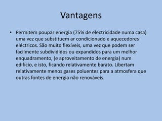 Impacto sonoro: o som do vento bate nas pás produzindo um ruído constante (43dB(A)). As habitações mais próximas deverão estar, no mínimo a 200m de distância.Energia hídricaenergia hidráulica ou energia hídrica é a energia obtida a partir da energia potencial de uma massa de água. A forma na qual ela se manifesta na natureza é nos fluxos de água, como rios e lagos e pode ser aproveitada por meio de um desnível ou queda de água. Pode ser convertida na forma de energia mecânica (rotação de um eixo) através de turbinas hidráulicas ou moinhos de água. As turbinas por sua vez podem ser usadas como accionamento de um equipamento industrial, como um compressor, ou de um gerador eléctrico, com a finalidade de prover energia eléctrica para uma rede de energia.