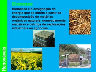 Biomassa
             Biomassa é a designação da
             energia que se obtém a partir da
             decomposição de matérias
             orgânicas naturais, nomeadamente
             madeiras e detritos de explorações
             industriais ou agrícolas.
Renováveis
 