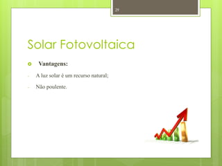 29




Solar Fotovoltaica
    Vantagens:
-   A luz solar é um recurso natural;

-   Não poulente.
 