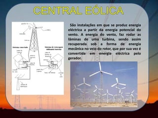 São instalações em que se produz energia
eléctrica a partir da energia potencial do
vento. A energia do vento, faz rodar as
lâminas de uma turbina, sendo assim
recuperada sob a forma de energia
mecânica no veio do rotor, que por sua vez é
convertida em energia eléctrica pelo
gerador.
 