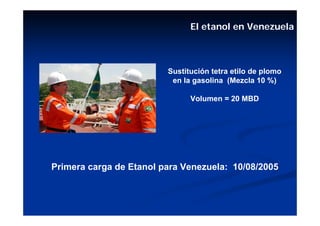 El etanol en Venezuela



                         Sustitución tetra etilo de plomo
                          en la gasolina (Mezcla 10 %)

                               Volumen = 20 MBD




Primera carga de Etanol para Venezuela: 10/08/2005
 