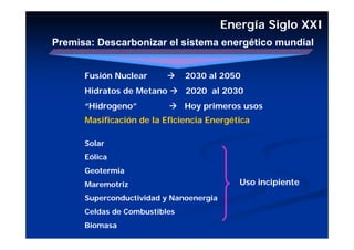 Energía Siglo XXI
Premisa: Descarbonizar el sistema energético mundial


      Fusión Nuclear           2030 al 2050
      Hidratos de Metano       2020 al 2030
      “Hidrogeno”              Hoy primeros usos
      Masificación de la Eficiencia Energética

      Solar
      Eólica
      Geotermia
      Maremotriz                            Uso incipiente
      Superconductividad y Nanoenergia
      Celdas de Combustibles
      Biomasa
 
