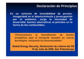 Declaración de Principios

En un contexto de inestabilidad de precios,
  inseguridad en el abastecimiento y preocupación
  por el ambiente, surge la necesidad de
  desarrollar fuentes alternativas al petróleo en la
  forma de bio combustibles



   “Promoveremos       la   diversificación  de  fuentes
   energéticas para el transporte basados en nuevas
   tecnologías, incluyendo los biocombustibles”.

 Global Energy Security, Declaración de Líderes del G8
                 16 de Julio de 2006, San Petersburgo
 