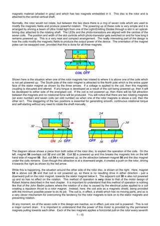 magnetic material (shaded in grey) and which has two magnets embedded in it. This disc is the rotor and is
attached to the central vertical shaft.

Normally, the rotor would not rotate, but between the two discs there is a ring of seven coils which are used to
modify the magnetic fields and produce powerful rotation. The powering up of these coils is very simple and it is
arranged by shining a beam of Ultra Violet light from one of the Light-Emitting Diodes through a slot in an optical-
timing disc attached to the rotating shaft. The LEDs and the photo-transistors are aligned with the centres of the
seven coils. The position and width of the slot controls which photo-transistor gets switched on and for how long it
remains powered up. This is a very neat and compact arrangement. The really interesting part of the design is
how the coils modify the magnetic fields to produce the output power of the device. The orientation of the magnet
poles can be swapped over, provided that this is done for all three magnets.




Shown here is the situation when one of the rotor magnets has rotated to where it is above one of the coils which
is not yet powered up. The South pole of the rotor magnet is attracted to the North pole which is the entire upper
face of the stator magnet as shown by the three arrows. If a voltage is applied to the coil, then this magnetic
coupling is disrupted and altered. If any torque is developed as a result of the coil being powered up, then it will
be developed to either side of the energised coil. If the coil is not powered up, then there will be full attraction
between the magnets and no rotational force will be produced. You will notice that there are two rotating magnets
(an even number) and seven coils (an odd number) so when one of the rotor magnets is above a coil, then the
other isn’t. This staggering of the two positions is essential for generating smooth, continuous rotational torque
and self-starting without any need to rotate the shaft manually.




The diagram above shows a piece from both sides of the rotor disc, to explain the operation of the coils. On the
left, magnet 56 overlaps coil 32 and coil 34. Coil 32 is powered up and this breaks the magnetic link on the left
hand side of magnet 56. But, coil 34 is not powered up, so the attraction between magnet 56 and the disc magnet
under the coils remains. Even though this attraction is at a downward angle, it creates a push on the rotor, driving
it towards the right as shown by the red arrow.

While this is happening, the situation around the other side of the rotor disc, is shown on the right. Here, magnet
54 is above coil 36 and that coil is not powered up, so there is no resulting drive in either direction - just a
downward pull on the rotor magnet, towards the stator magnet below it. The adjacent coil 38 is also not powered
up and so has no effect on the rotation. This method of operation is very close to that of the motor design of
Robert Adams described in the next chapter. It is important to understand that this method of operation is nothing
like that of the John Bedini pulsers where the rotation of a disc is caused by the electrical pulse applied to a coil
creating a repulsion thrust to a rotor magnet. Instead, here, the coil acts as a magnetic shield, being provided
with the minimum possible power to do its job. The coil is, in effect, a shield which has no moving parts, and so is
a very clever mechanism for overcoming the tendency for the rotor magnets to lock on to the stator magnets and
preventing rotation.

At any moment, six of the seven coils in this design are inactive, so in effect, just one coil is powered. This is not
a major current drain. It is important to understand that the power of this motor is provided by the permanent
magnets pulling towards each other. Each of the two magnets applies a horizontal pull on the rotor every seventh
                                                        1 - 15
 