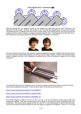 With this arrangement, the opposing corners of the magnets are lower down and so there should be a net
magnetic force thrust path. However, the situation is not as simple and straightforward as you might imagine.
The additional lines of magnetic force which have not been shown in the diagram above, act further out from the
magnets and they interact, creating a complex composite magnetic field. It is frequently found that after four or
five magnets that a short gap needs to be left before the line of magnets is continued on.




Two boys; Anthony and Andreas, have used this magnet arrangement to create a magnetic track and they have a
lot of fun, sending a magnet sliding between two of these rows of angled magnets. Initially, they used the cheaper
ceramic magnets and got a very satisfactory movement when using a neodymium magnet as the moving
component:




You will notice that they have managed a row of 18 ceramic magnets on each side of their track and the results
which they are getting are very good. They have three videos on the web at the present time:

https://www.youtube.com/watch?v=Vo2-Qb3fUYs

https://www.youtube.com/watch?v=VeXrFfw4RSU

https://www.youtube.com/watch?v=VTbFfEEE_qU

The moving magnet is made up of four 12 mm x 12 mm x 12 mm (or half-inch by half inch by half inch)
neodymium magnets. They have not disclosed all of the details of what they are using (accidentally rather than
by intention). The ceramic stator magnets are 48 mm x 20 mm x 10 mm with the poles on each of the main faces.
They point the North pole faces towards the track and angle the magnets at 45 degrees. There is a 15 mm gap

                                                      1 - 30
 