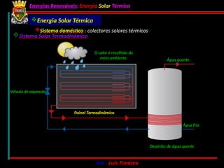 Energias Renováveis: Energia Solar Térmica
02-10-2024 Por : Luís Timóteo 149
O calor é recolhido do
meio ambiente Água quente
Água fria
Depósito de água quente
Válvula de expansão
Painel Termodinâmico
Sistema doméstico : colectores solares térmicos
Sistema Solar Termodinâmico
Energia Solar Térmica
 
