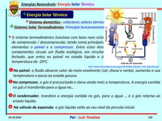 Energias Renováveis: Energia Solar Térmica
02-10-2024 Por : Luís Timóteo 150
Sistema doméstico : colectores solares térmicos
Sistema Solar Termodinâmico: Principio funcionamento
Energia Solar Térmica
· O sistema termodinâmico funciona com base num ciclo
de compressão / descompressão, tendo como principais
elementos o painel e o compressor. Entre estes dois
componentes circula um fluído ecológico, em circuito
fechado, que entra no painel no estado líquido e à
temperatura de -20o
C.
No painel, o fluído absorve calor do meio envolvente (sol, chuva e vento), aumenta a sua
temperatura e passa ao estado gasoso.
No compressor, o gás é pressurizado e eleva ainda mais a temperatura. A energia contida
no gás é transferida para a água no…
O condensador, transfere a energia contida no gás, para a água … e o gás retorna ao
estado líquido.
 Na válvula de expansão o gás líquido volta ao seu nível de pressão inicial.
http://www.climaconforto.pt/images/OCHSNER_Exemplo_Ciclo_frigorifico.gif
 