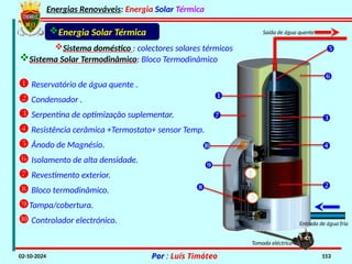 Energias Renováveis: Energia Solar Térmica
02-10-2024 Por : Luís Timóteo 153
Sistema doméstico : colectores solares térmicos
Sistema Solar Termodinâmico: Bloco Termodinâmico
Energia Solar Térmica










 Reservatório de água quente .
 Condensador .
 Serpentina de optimização suplementar.
 Resistência cerâmica +Termostato+ sensor Temp.
 Ânodo de Magnésio.
 Isolamento de alta densidade.
 Revestimento exterior.
 Bloco termodinâmico.
Tampa/cobertura.
 Controlador electrónico. Entrada de água fria
Saída de água quente
Tomada eléctrica
 