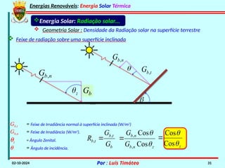 Energias Renováveis: Energia Solar Térmica
02-10-2024 Por : Luís Timóteo 31
Energia Solar: Radiação solar...
 Geometria Solar : Densidade da Radiação solar na superfície terrestre
 Feixe de radiação sobre uma superfície inclinada
,
b n
G
b
G
z



n
b
G ,
t
b
G ,
Gb,t = Feixe de Irradiância normal à superfície inclinada (W/m2
)
Gb,n = Feixe de Irradiância (W/m2
).
qz = Ângulo Zenital.
q = Ângulo de incidência. b
t
b
t
b
G
G
R ,
, 
z


Cos
Cos

z
n
b
n
b
G
G


Cos
Cos
,
,

 