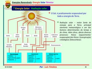 Energias Renováveis: Energia Solar Térmica
02-10-2024 Por : Luís Timóteo 36
Oceano
 T
Vento
Hidro
Power
Vapor
Gerador
Mecânico
Turbo
Gerador
Boiler
Biomassa
Lixo urbano
Painéis
Solares
Colectores
Solares
Processamento
Electricidade
Utilities
Agricultura
Industria
users
Aquecimento
Habitação
Negócios
Agricultura
Industria
Governo
users
Biofuels (gás/Liq.
Automóvel
Negócios
Agricultura
Industria
Governo
Energia Solar: Radiação solar…
users
 O Sol, é praticamente responsável por
toda a energia da Terra .
 Radiação solar – maior fonte de
energia para a Terra, principal
elemento meteorológico e um dos
factores determinantes do tempo e
do clima. Além disso, afecta diversos
processos: físicos (aquecimento/
evaporação),bio-físicos (transpiração)
e biológicos (fotossíntese).
 