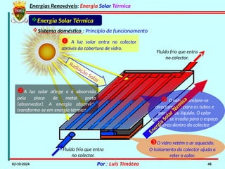 Energias Renováveis: Energia Solar Térmica
02-10-2024 Por : Luís Timóteo 46
Radiação Solar
 A luz solar entra no colector
através da cobertura de vidro.
A luz solar atinge e é absorvida
pela placa de metal preto
(absorvedor). A energia absorvida
transforma-se em energia térmica.
O vidro retém o ar aquecido.
O isolamento do colector ajuda a
reter o calor.
 O calor transfere-se
directamente para os tubos e
para o seu líquido. O calor
também se irradia para o espaço
aéreo dentro do colector
Fluido frio que entra
no colector.
Fluido frio que entra
no colector.
Energia Solar Térm
ica
Energia Solar Térmica
Sistema doméstico : Princípio de funcionamento
 